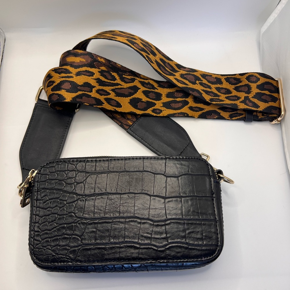 Steve Madden Black Croc Crossbody with Leopard Strap